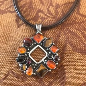 Silver Amber & Tigereye 16” Leather Necklace